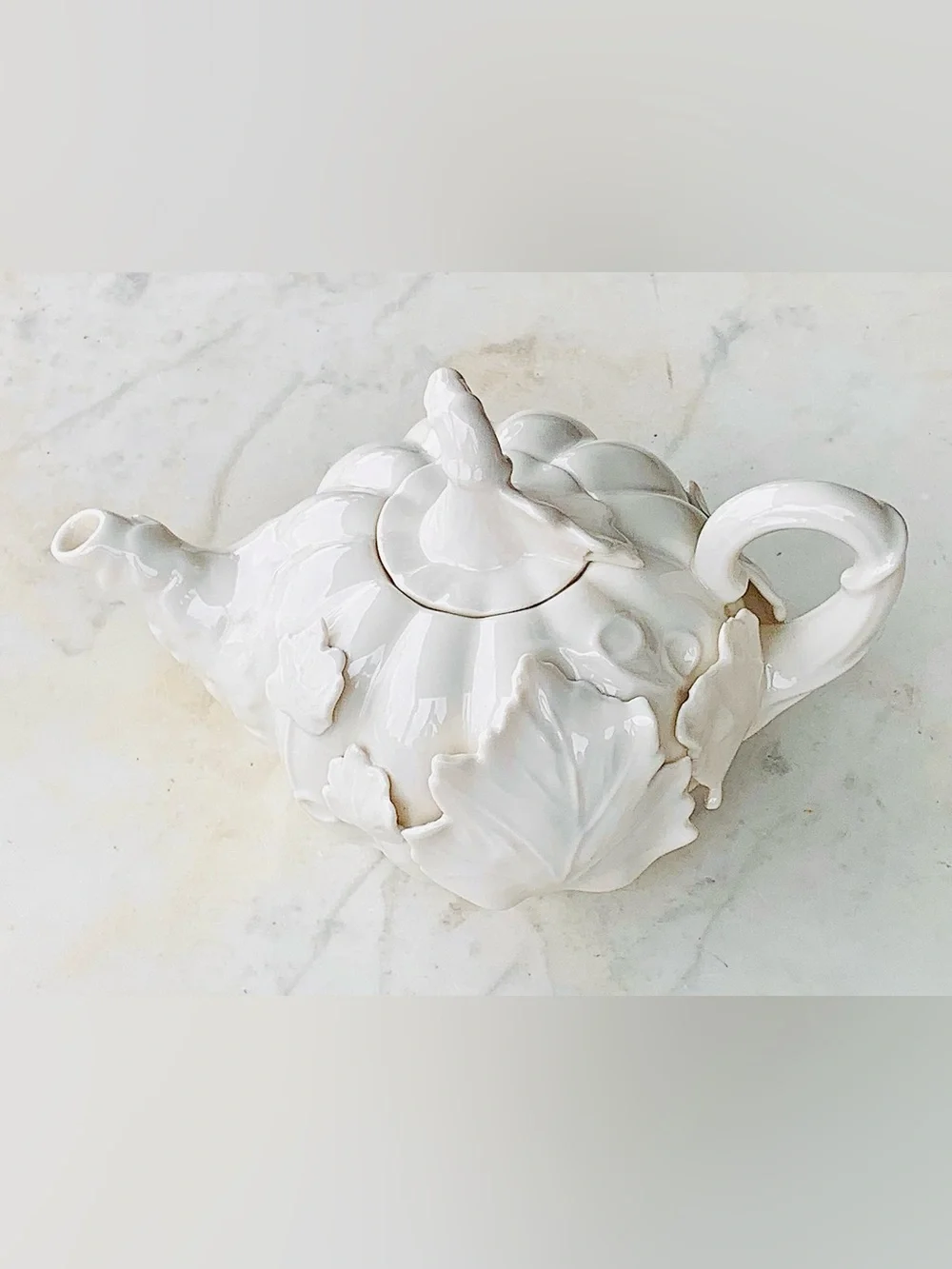 GRACE’S TEAWARE AUTUMN PUMPKIN TEA POT & LID WHITE BONE VINES 3D NEW PORCELAIN